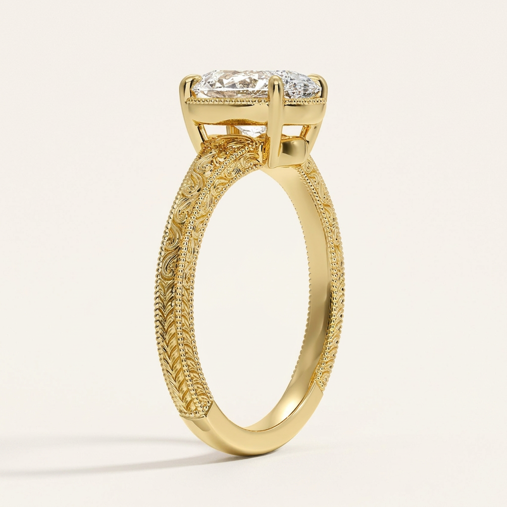 Tapered Elsie Engraved Solitaire Ring in 14K Yellow Gold