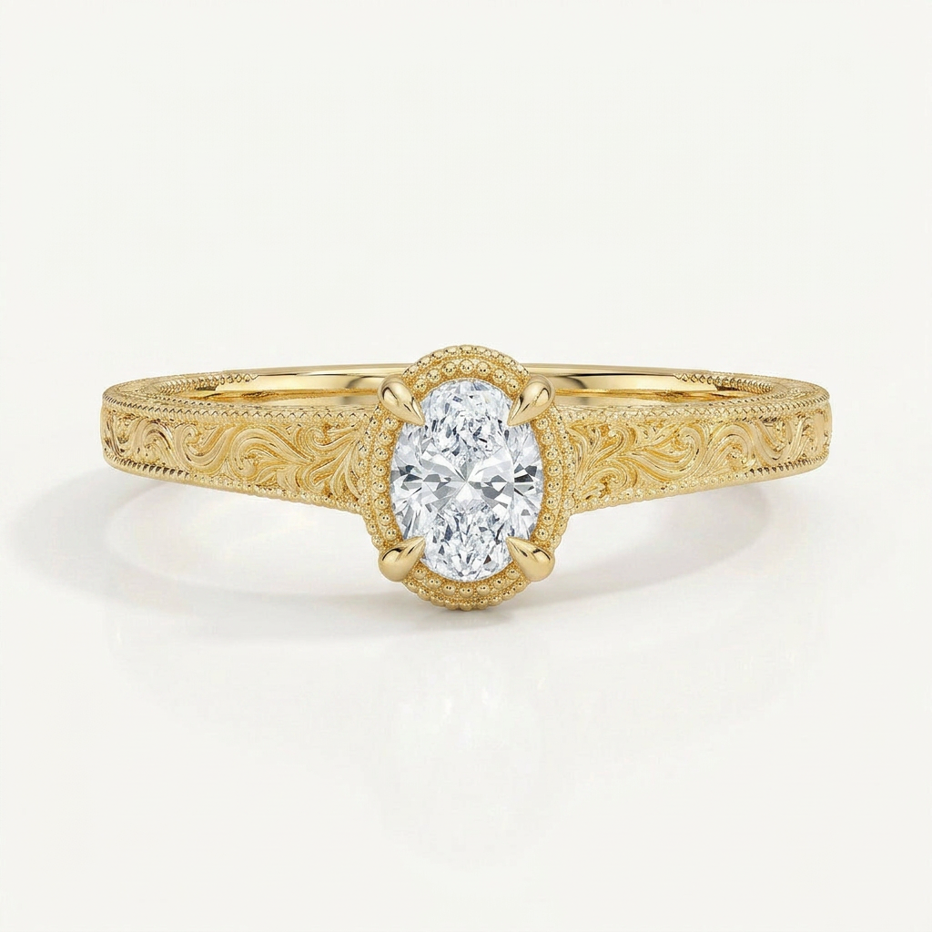 Tapered Elsie Engraved Solitaire Ring in 14K Yellow Gold