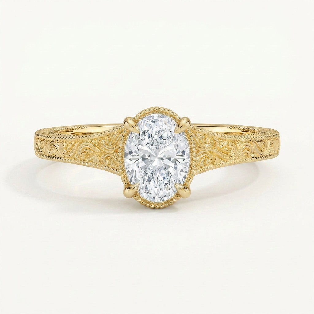 Tapered Elsie Engraved Solitaire Ring in 14K Yellow Gold