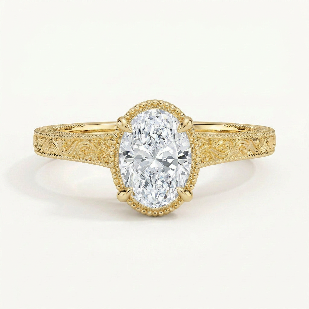 Tapered Elsie Engraved Solitaire Ring in 14K Yellow Gold