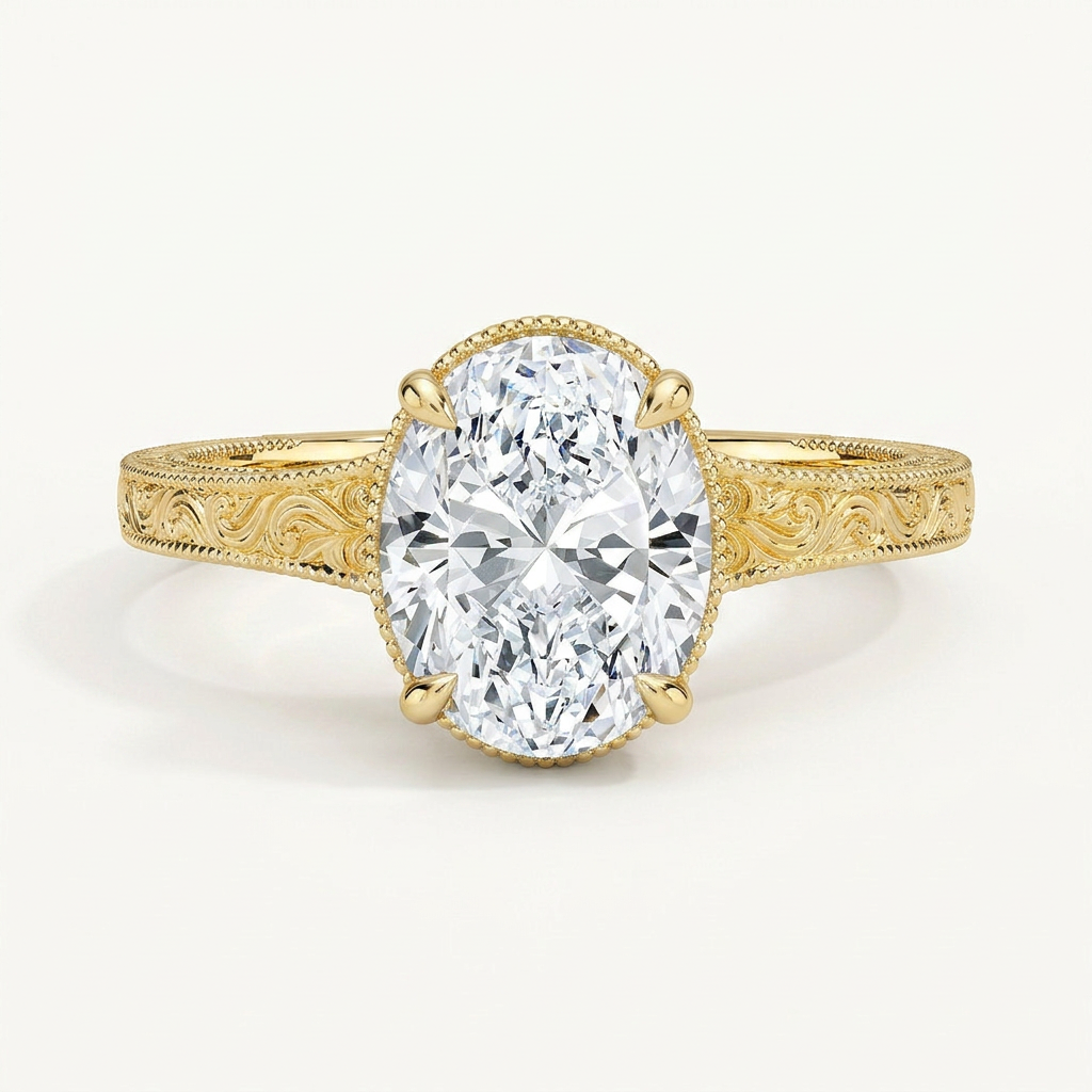 Tapered Elsie Engraved Solitaire Ring in 14K Yellow Gold